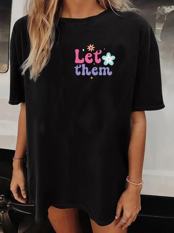 Tricou damă cu citat inspirațional, croială lejeră, guler rotund, mâneci scurte, bumbac tricotat, imprimeu cu litere