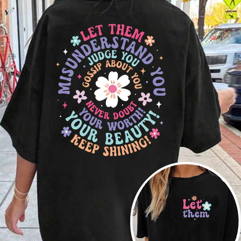 Tricou damă cu citat inspirațional, croială lejeră, guler rotund, mâneci scurte, bumbac tricotat, imprimeu cu litere