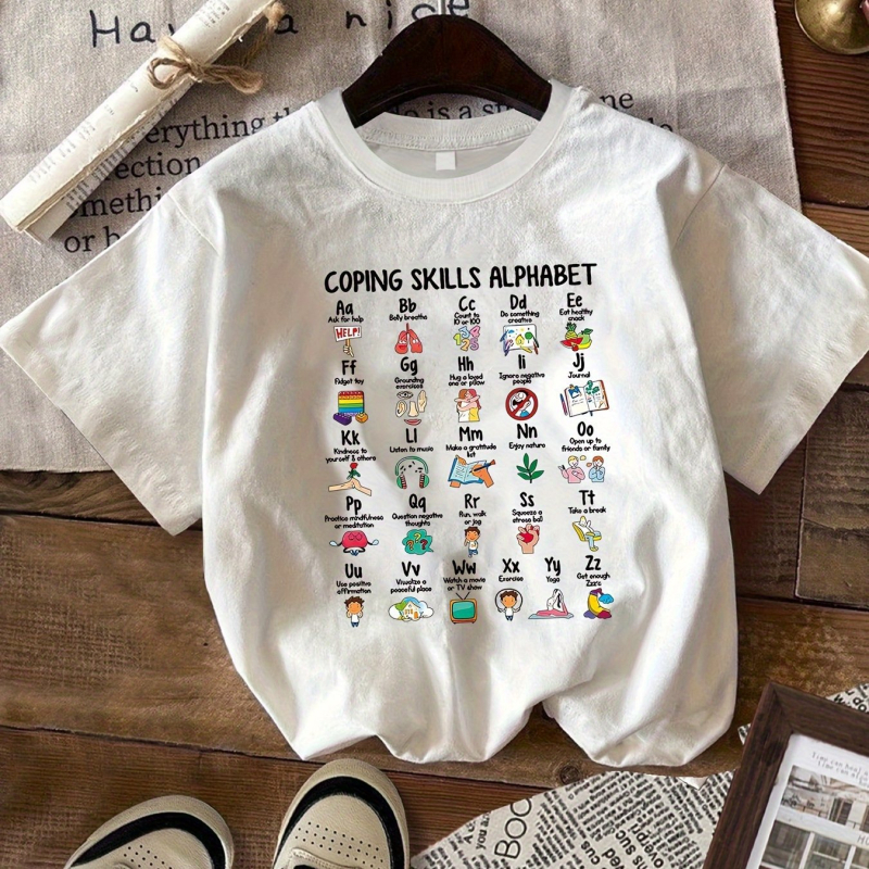 Tricou din bumbac cu grafica alfabetului deprinderilor de coping, guler rotund, mâneci scurte, ștanțare la cald