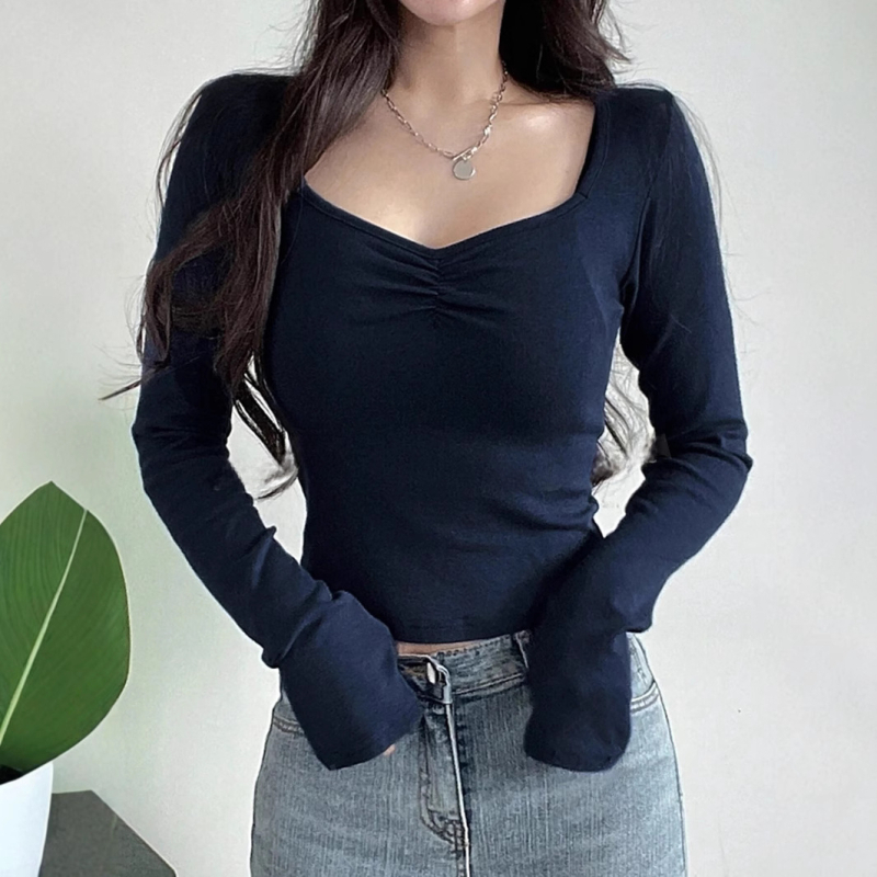 Tricou cu guler pătrat, mâneci lungi, croi slim, poliester solid, imprimat