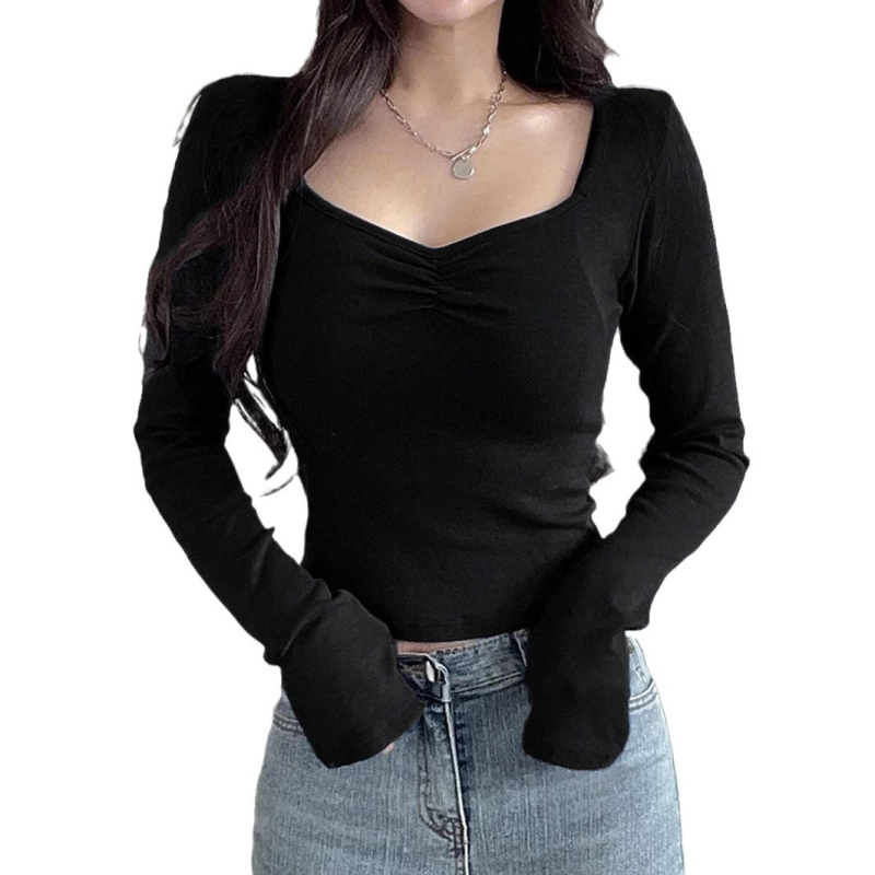 Tricou cu guler pătrat, mâneci lungi, croi slim, poliester solid, imprimat