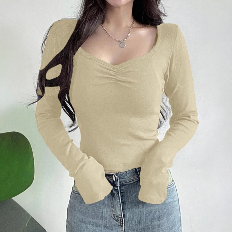 Tricou cu guler pătrat, mâneci lungi, croi slim, poliester solid, imprimat