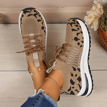 Pantofi sport casual dama, partea superioară Flyknit, vârf rotund, imprimeu leopard, șireturi în față, talpă din cauciuc