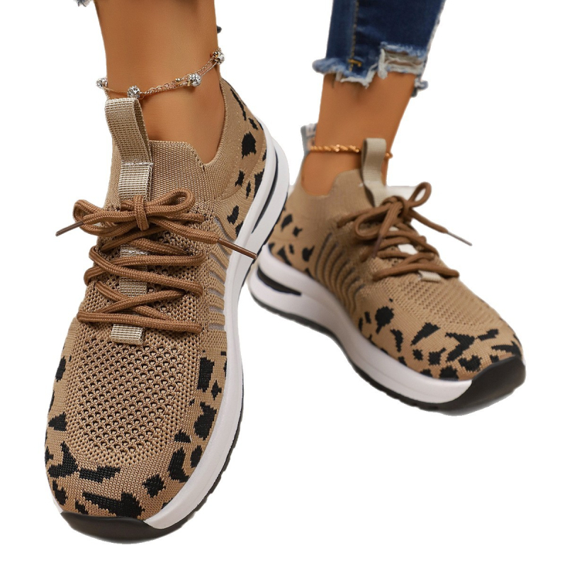 Pantofi sport casual dama, partea superioară Flyknit, vârf rotund, imprimeu leopard, șireturi în față, talpă din cauciuc