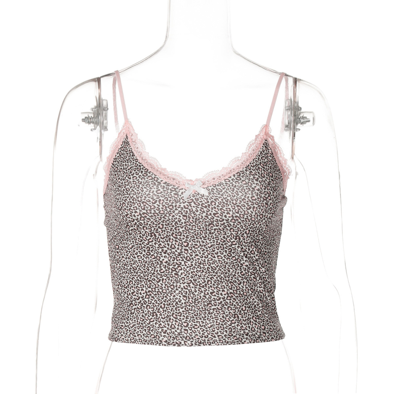 Kamisola s leopardím vzorom, lemovanie krajkou, výstrih do V, úzky strih, zmes polyester-elastan