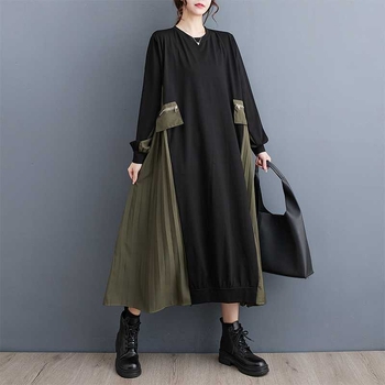 Koreai stílusú pliszírozott hosszú ruha nőknek, őszi 2024, pamut-poliészter keverék, kerek nyakú, hosszú ujjú