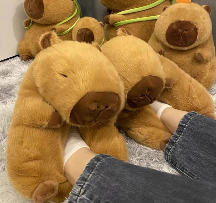 Papuci pluș Capybara cu model desen animat, căptușeală din bumbac, partea superioară din velur, înălțime medie, unisex, pentru casă în timpul iernii, primăverii și toamnei