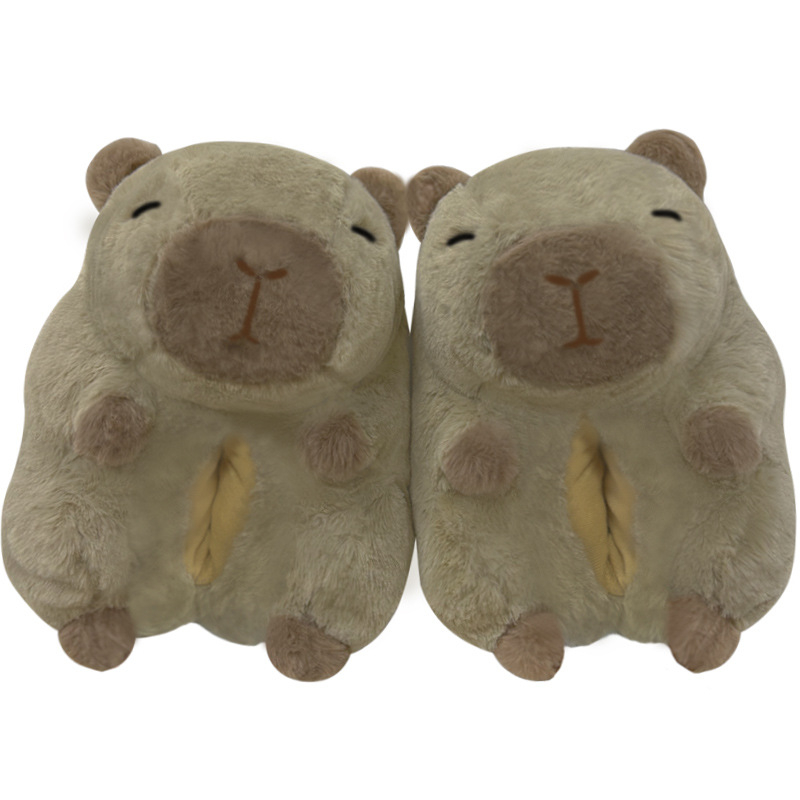 Papuci pluș Capybara cu model desen animat, căptușeală din bumbac, partea superioară din velur, înălțime medie, unisex, pentru casă în timpul iernii, primăverii și toamnei