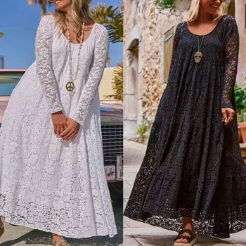 Rochie lungă din dantelă, decolteu rotund, croială evazată, mâneci lungi, poliester-spandex