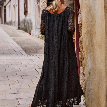 Rochie lungă din dantelă, decolteu rotund, croială evazată, mâneci lungi, poliester-spandex