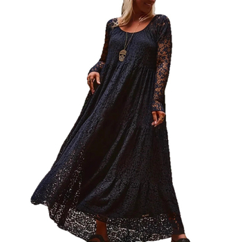 Rochie lungă din dantelă, decolteu rotund, croială evazată, mâneci lungi, poliester-spandex