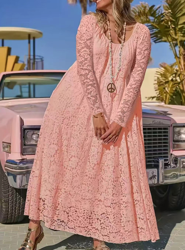 Rochie lungă din dantelă, decolteu rotund, croială evazată, mâneci lungi, poliester-spandex