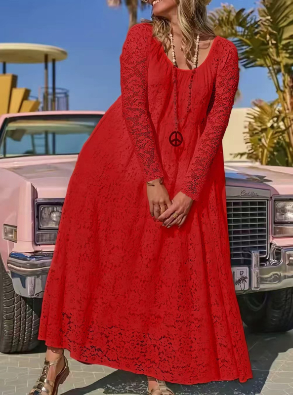 Rochie lungă din dantelă, decolteu rotund, croială evazată, mâneci lungi, poliester-spandex