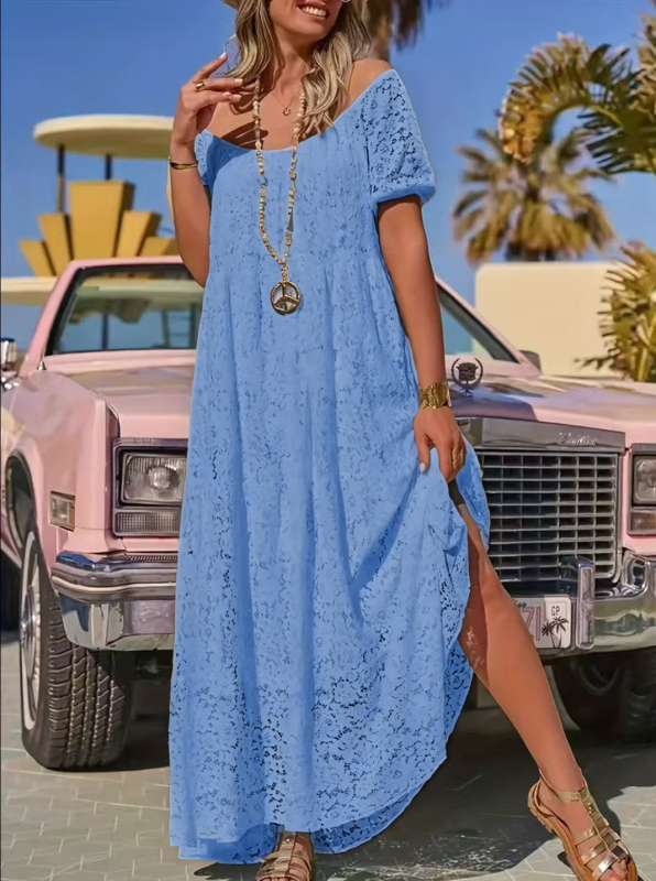 Rochie lungă din dantelă, decolteu rotund, croială evazată, mâneci lungi, poliester-spandex