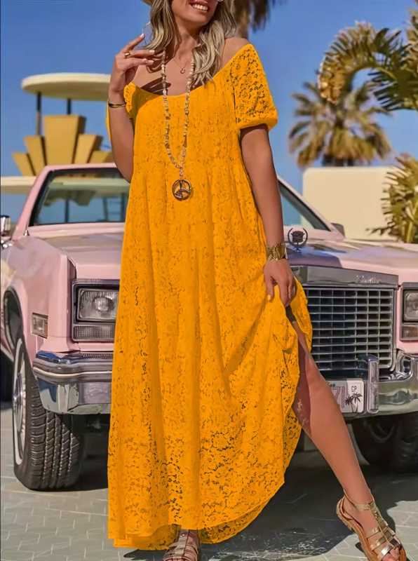 Rochie lungă din dantelă, decolteu rotund, croială evazată, mâneci lungi, poliester-spandex