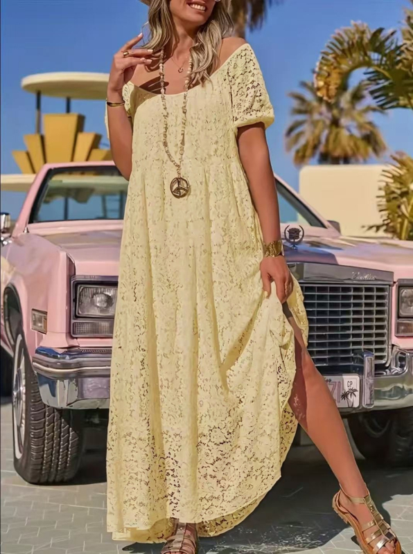 Rochie lungă din dantelă, decolteu rotund, croială evazată, mâneci lungi, poliester-spandex