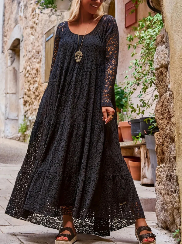 Rochie lungă din dantelă, decolteu rotund, croială evazată, mâneci lungi, poliester-spandex