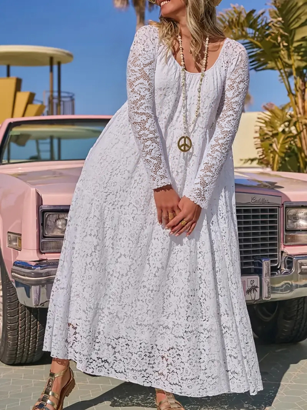 Rochie lungă din dantelă, decolteu rotund, croială evazată, mâneci lungi, poliester-spandex