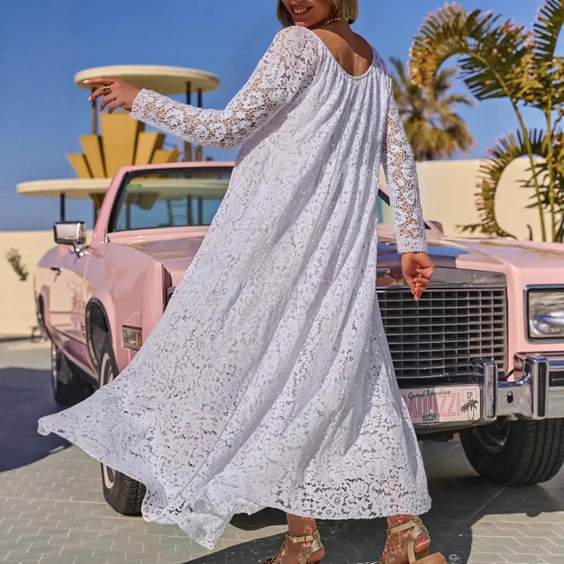 Rochie lungă din dantelă, decolteu rotund, croială evazată, mâneci lungi, poliester-spandex