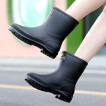 Moterų lietaus botai, PVC viršus, vidutinio ilgio vamzdelis, slip-on, plokščia kulni, visoms sezonoms