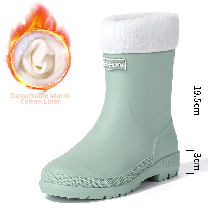 Moterų lietaus botai, PVC viršus, vidutinio ilgio vamzdelis, slip-on, plokščia kulni, visoms sezonoms