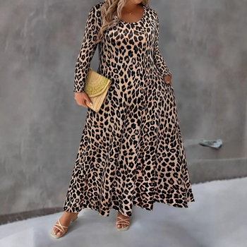 A-vonalú hosszú ruha, állatmintás, kerek nyakú, hosszú ujjú, poliészter-elasztán anyag