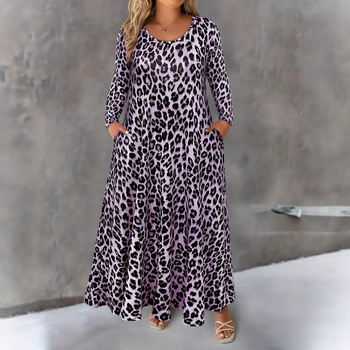 A-vonalú hosszú ruha, állatmintás, kerek nyakú, hosszú ujjú, poliészter-elasztán anyag