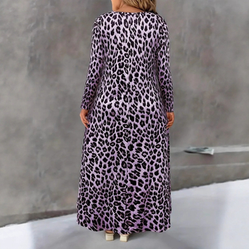 A-vonalú hosszú ruha, állatmintás, kerek nyakú, hosszú ujjú, poliészter-elasztán anyag