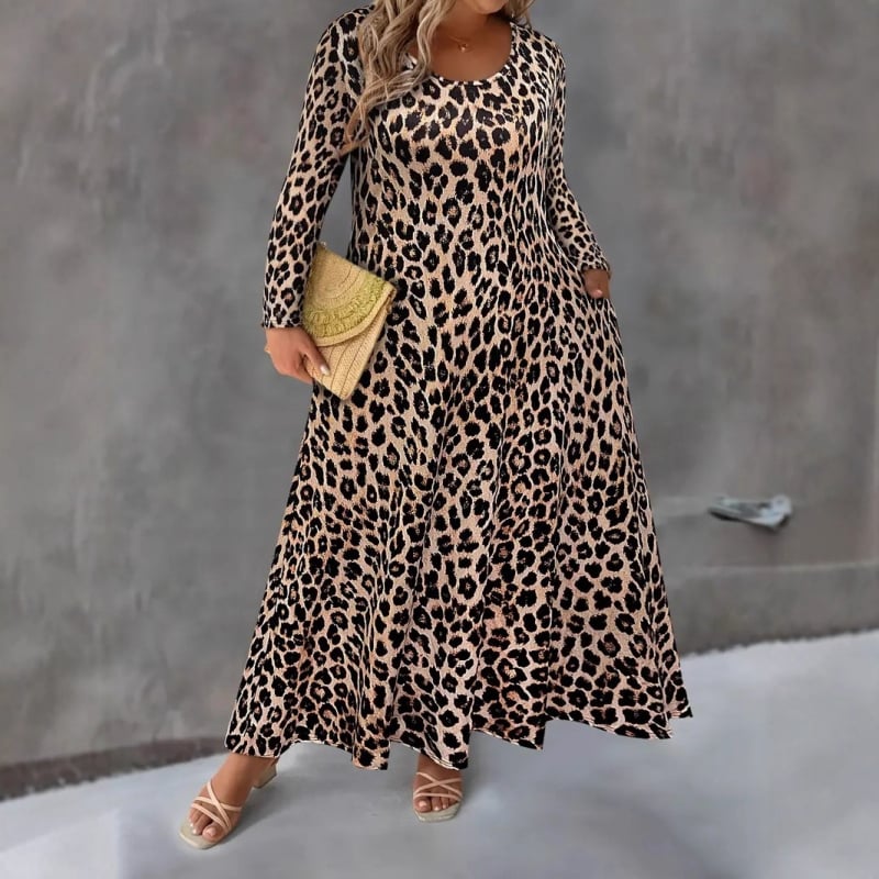 A-vonalú hosszú ruha, állatmintás, kerek nyakú, hosszú ujjú, poliészter-elasztán anyag