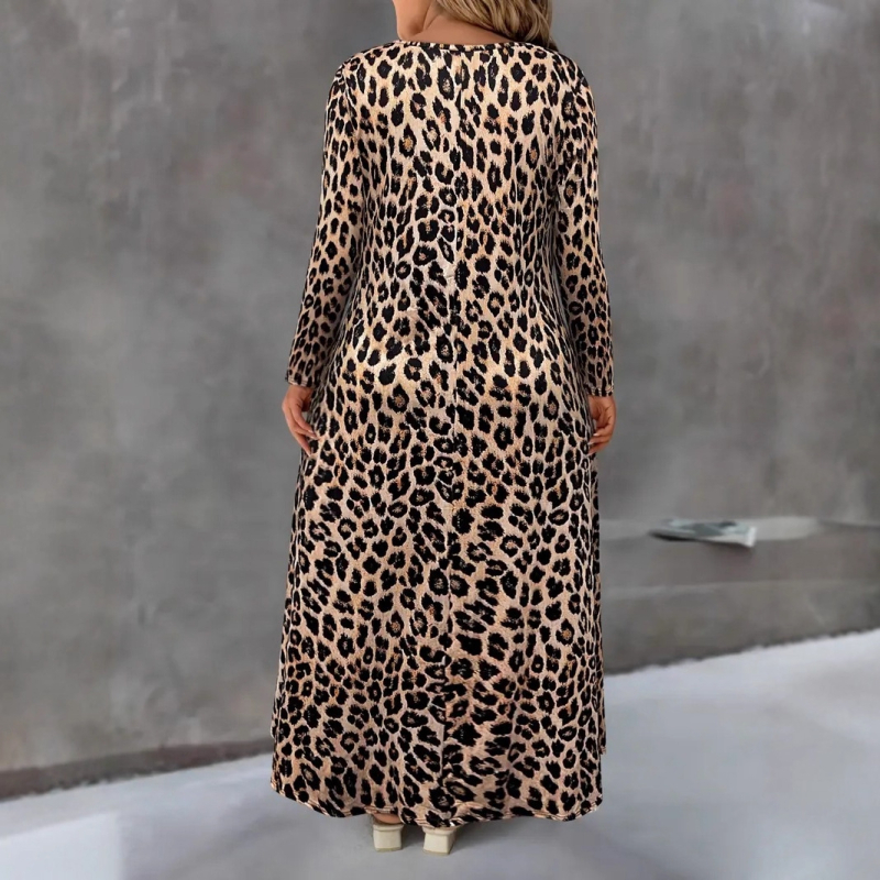 A-vonalú hosszú ruha, állatmintás, kerek nyakú, hosszú ujjú, poliészter-elasztán anyag