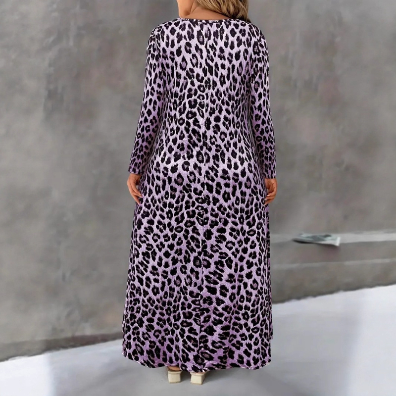A-vonalú hosszú ruha, állatmintás, kerek nyakú, hosszú ujjú, poliészter-elasztán anyag