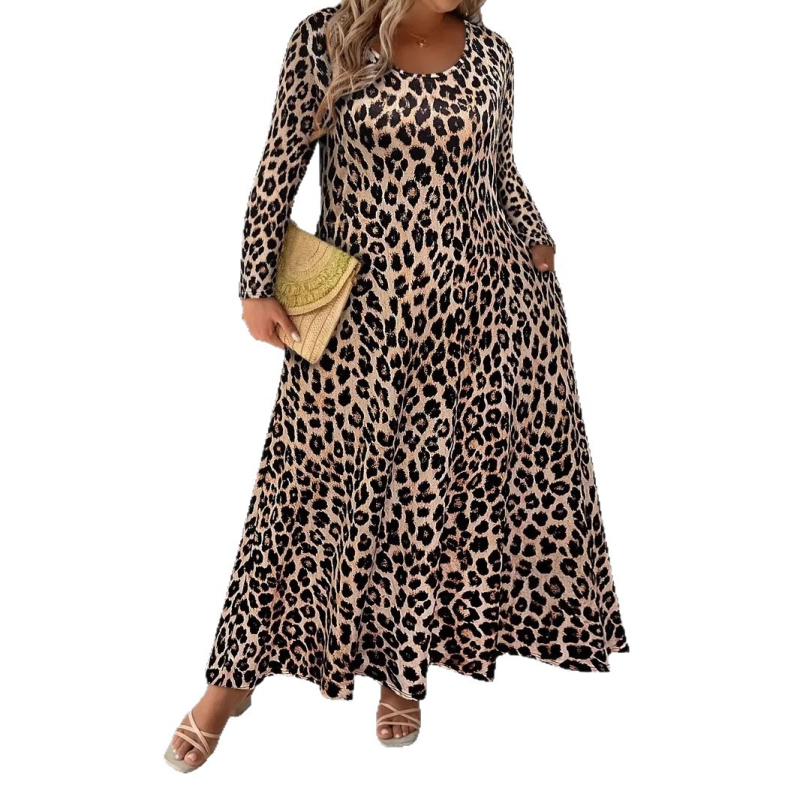 A-vonalú hosszú ruha, állatmintás, kerek nyakú, hosszú ujjú, poliészter-elasztán anyag