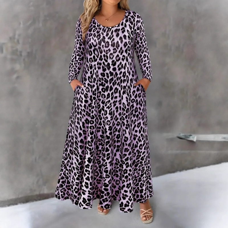 A-vonalú hosszú ruha, állatmintás, kerek nyakú, hosszú ujjú, poliészter-elasztán anyag
