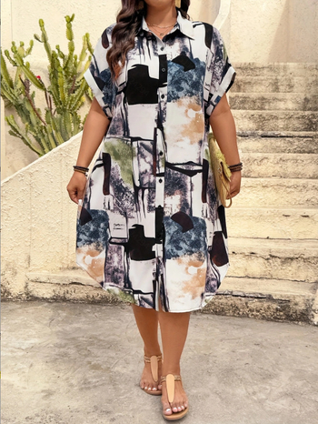 Bluza de damă cu guler lapel, mâneci dolman, imprimeu geometric, poliester-spandex amestec, croială lejeră