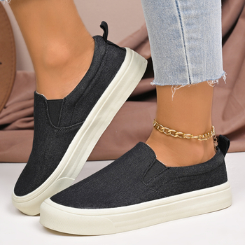 Női mindennapi slip-on cipő vastag talppal, kerek orr, textil felsőrész, gumitalp