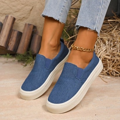 Női mindennapi slip-on cipő vastag talppal, kerek orr, textil felsőrész, gumitalp