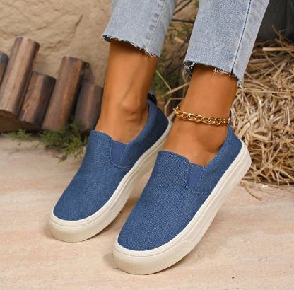 Női mindennapi slip-on cipő vastag talppal, kerek orr, textil felsőrész, gumitalp