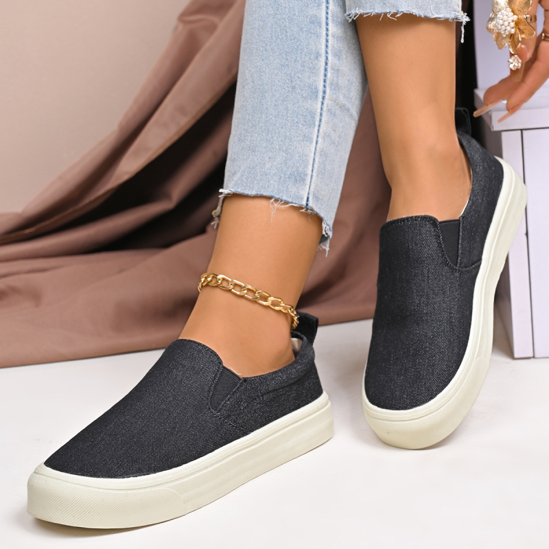 Női mindennapi slip-on cipő vastag talppal, kerek orr, textil felsőrész, gumitalp