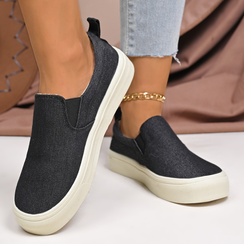 Női mindennapi slip-on cipő vastag talppal, kerek orr, textil felsőrész, gumitalp