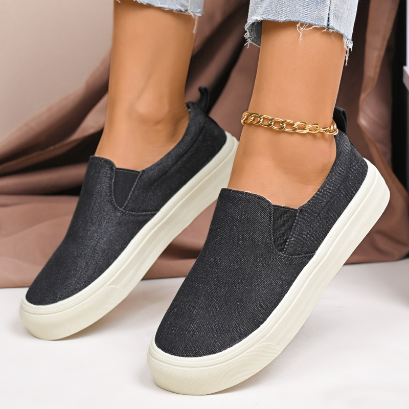 Női mindennapi slip-on cipő vastag talppal, kerek orr, textil felsőrész, gumitalp