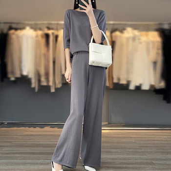 Dvoslojni pamučni pleteni set: top s okruglim izrezom i kratkim rukavima, široke hlače; casual stil, 95% pamuk