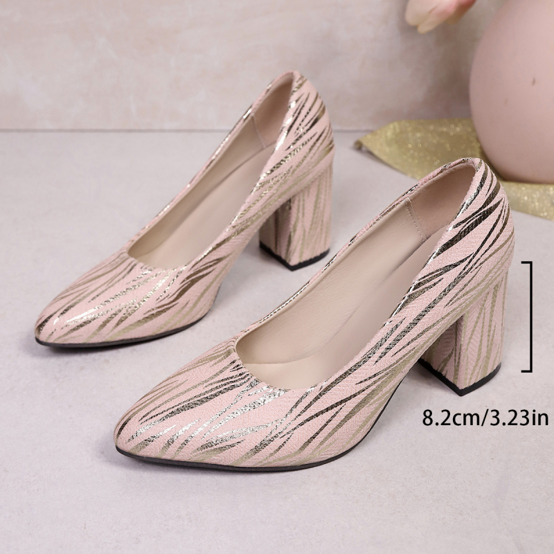 Ženski loaferi s oštrim vrhom, chunky peta 6–8 cm, uzorak zmijske kože, PU velur gornji dio, slip-on, gumeni potplat