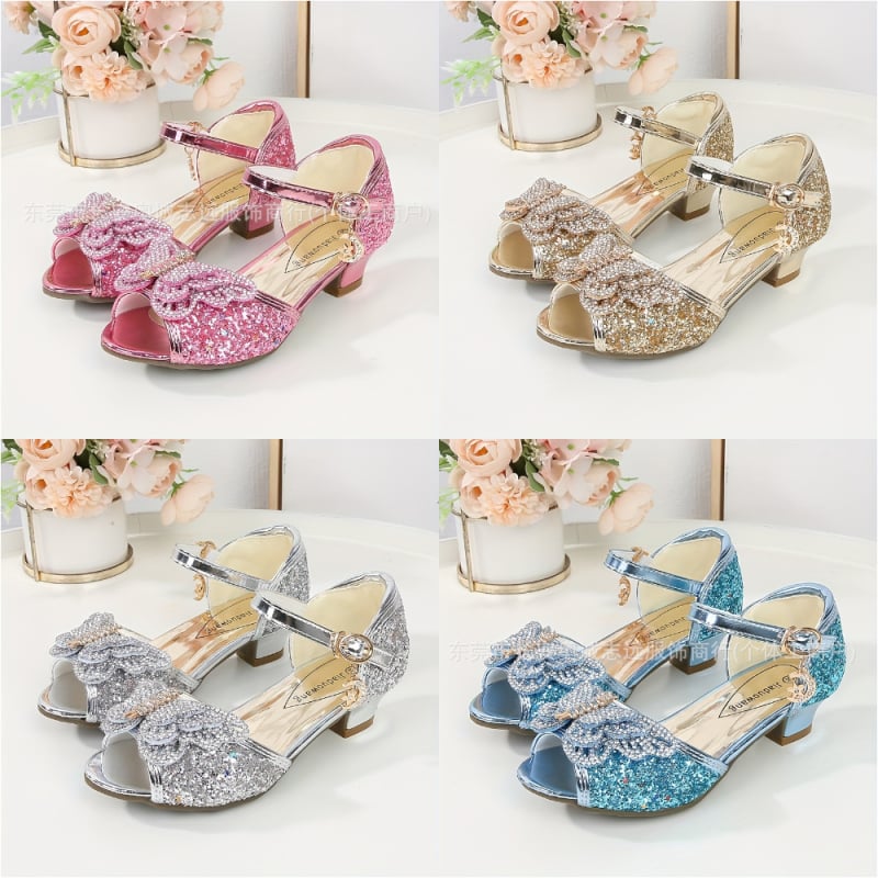Принцес сандали за момичета – кристална горна част, модел с фрагментни цветя, закопчалка, подметка PVC, за деца 4–12 години