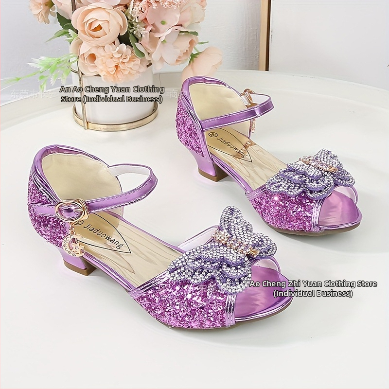 Принцес сандали за момичета – кристална горна част, модел с фрагментни цветя, закопчалка, подметка PVC, за деца 4–12 години