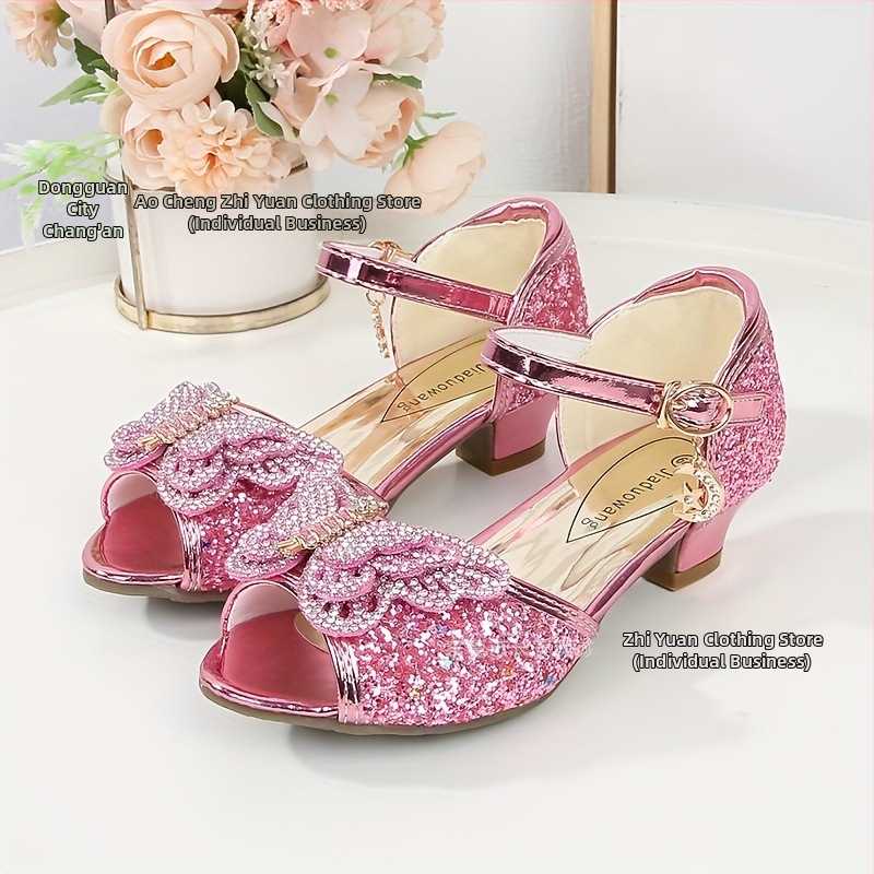 Принцес сандали за момичета – кристална горна част, модел с фрагментни цветя, закопчалка, подметка PVC, за деца 4–12 години