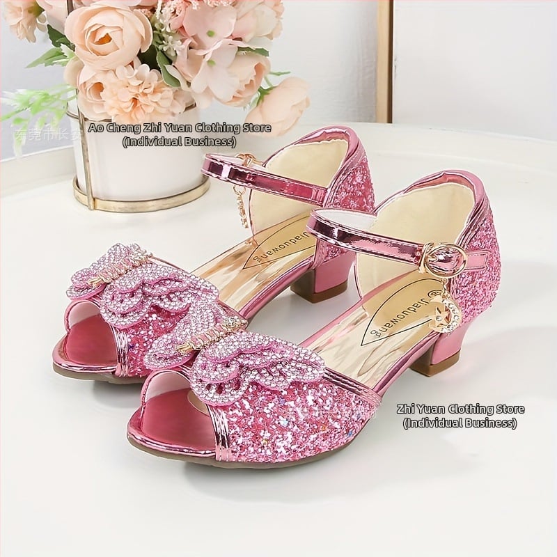 Принцес сандали за момичета – кристална горна част, модел с фрагментни цветя, закопчалка, подметка PVC, за деца 4–12 години