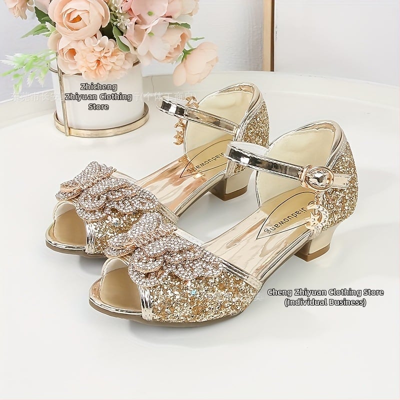Принцес сандали за момичета – кристална горна част, модел с фрагментни цветя, закопчалка, подметка PVC, за деца 4–12 години