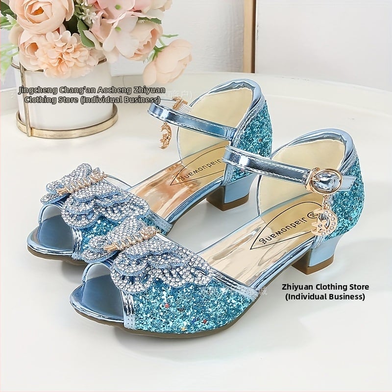 Принцес сандали за момичета – кристална горна част, модел с фрагментни цветя, закопчалка, подметка PVC, за деца 4–12 години