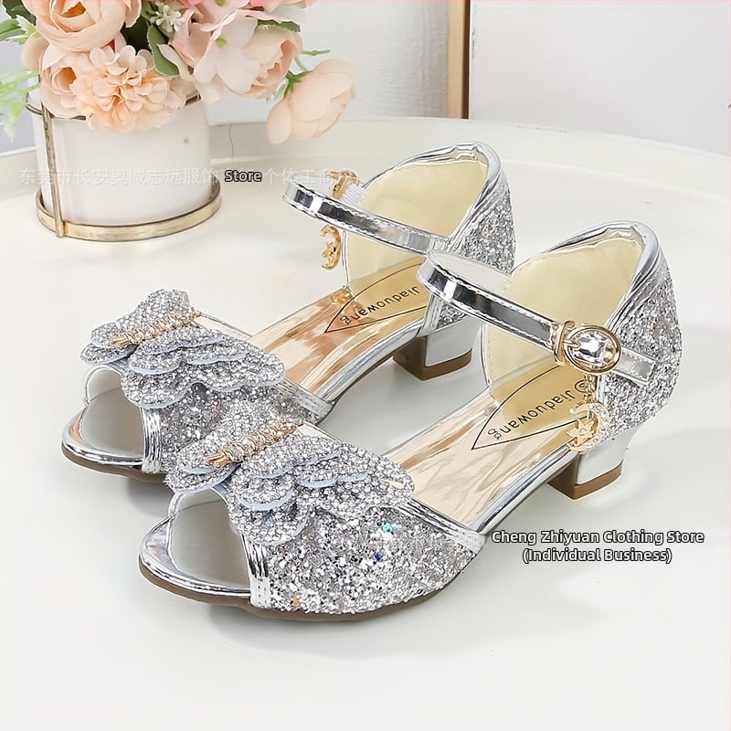 Принцес сандали за момичета – кристална горна част, модел с фрагментни цветя, закопчалка, подметка PVC, за деца 4–12 години