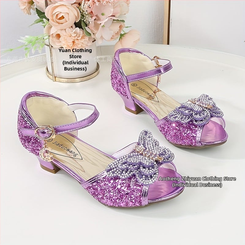 Принцес сандали за момичета – кристална горна част, модел с фрагментни цветя, закопчалка, подметка PVC, за деца 4–12 години